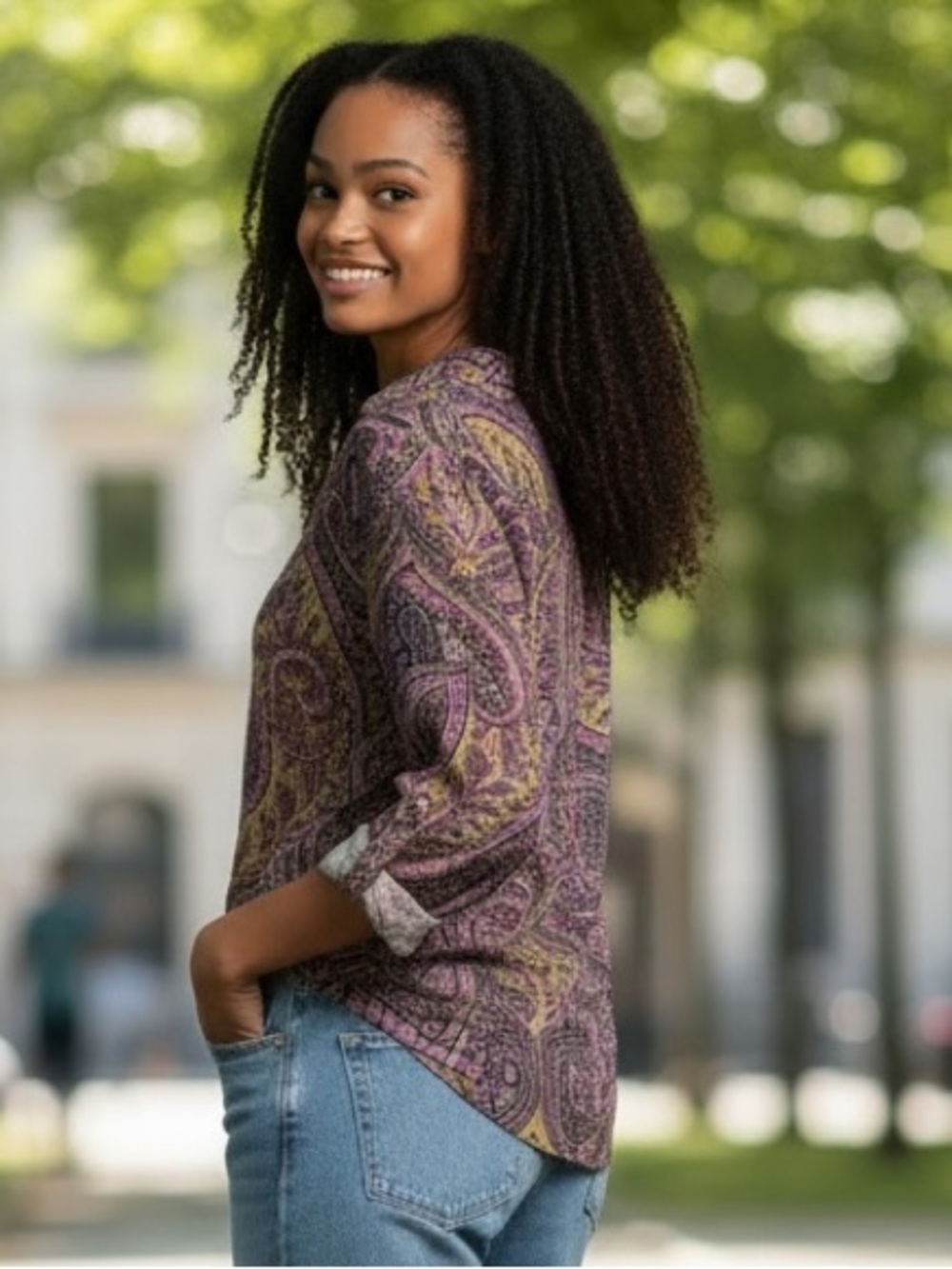 Vintage La Caviar Sheer Paisley Print Button-Down Blouse